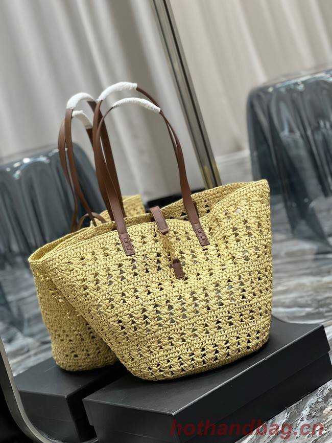 SAINT LAURENT PANIER MEDIUM BAG IN CROCHET RAFFIA AND SMOOTH LEATHER 688221 NATUREL