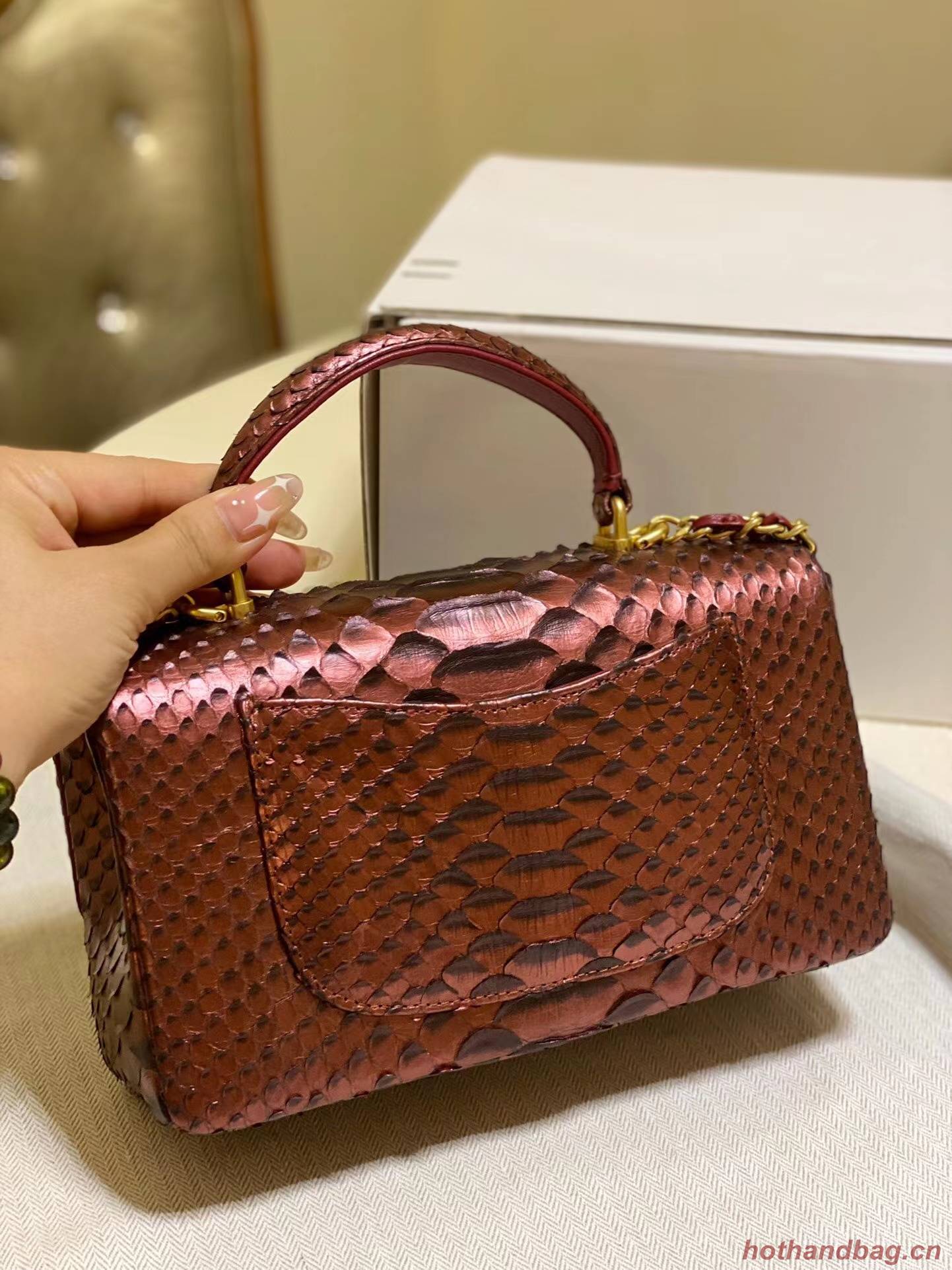 Chanel Snake skin mini flap bag with top handle AS2431 Wine