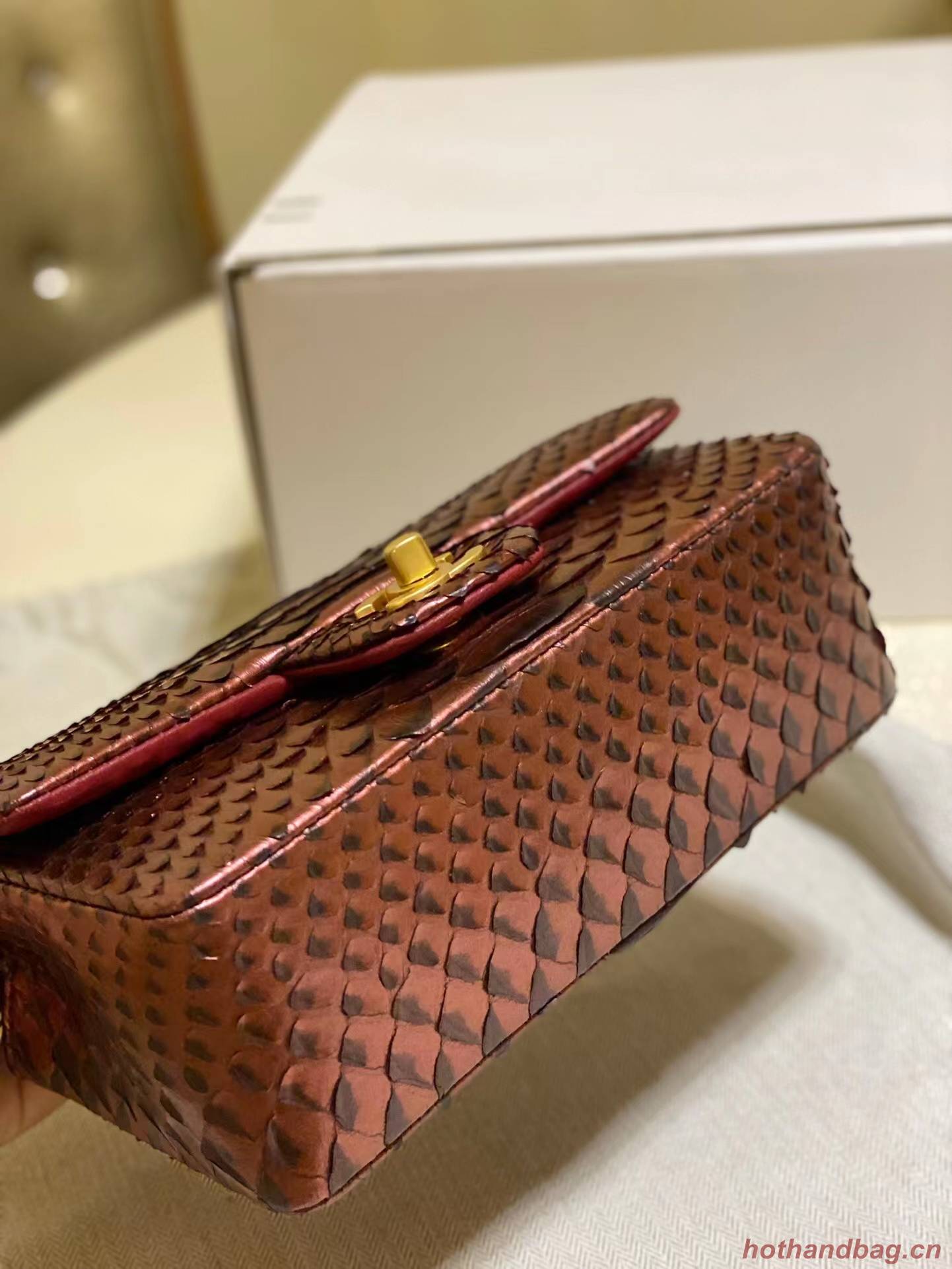 Chanel Snake skin mini flap bag with top handle AS2431 Wine