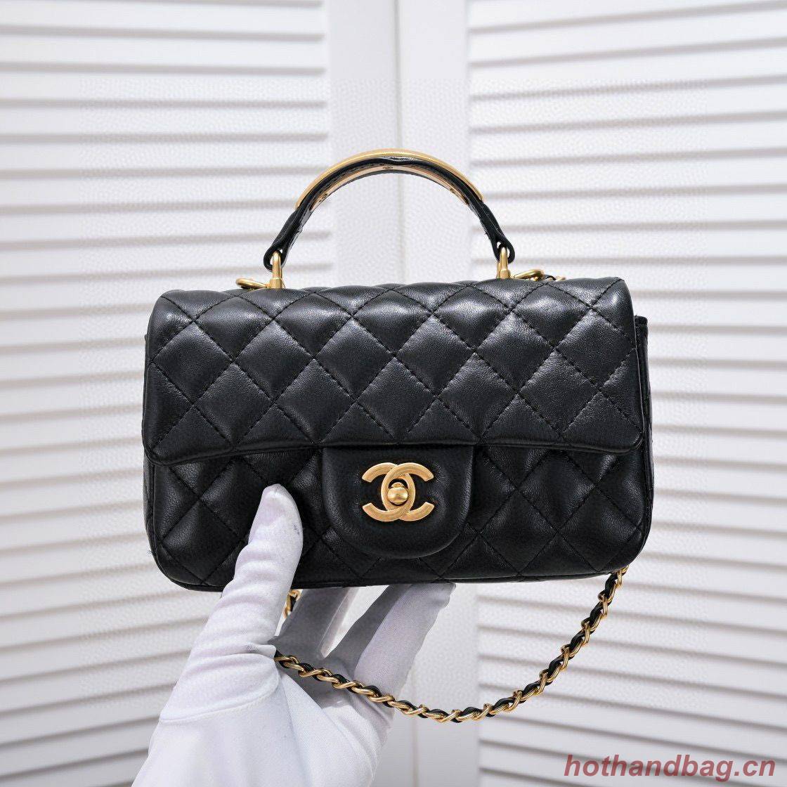 CHANEL 22B mini CF flap bag with Gold hardware top handle AS2431 Black