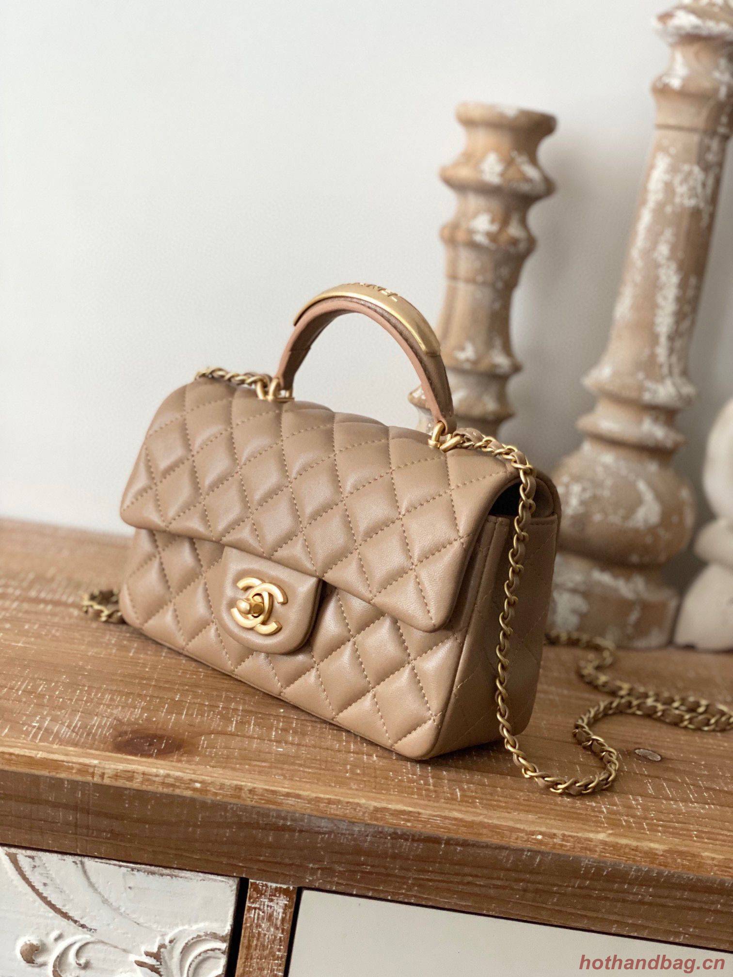 CHANEL 22B  mini flap bag with Gold hardware top handle AS2431 Khaki