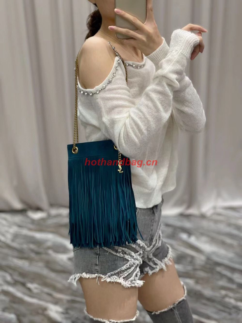 SAINT LAURENT SMALL CHAIN BAG IN LIGHT SUEDE WITH FRINGES 683378 blue