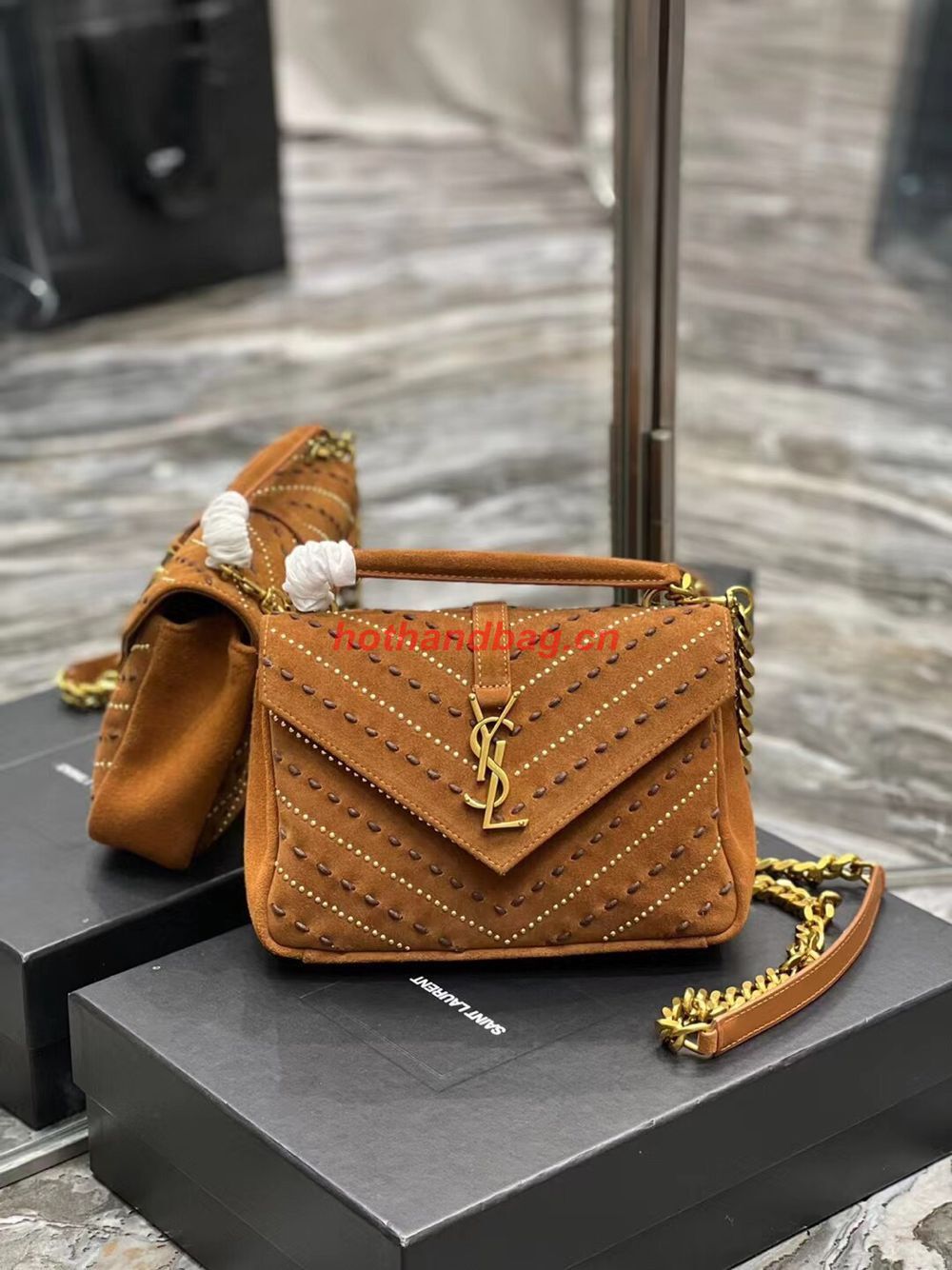 SAINT LAURENT COLLEGE MEDIUM CHAIN BAG IN QUILTED SUEDE 6002791 CINNAMON