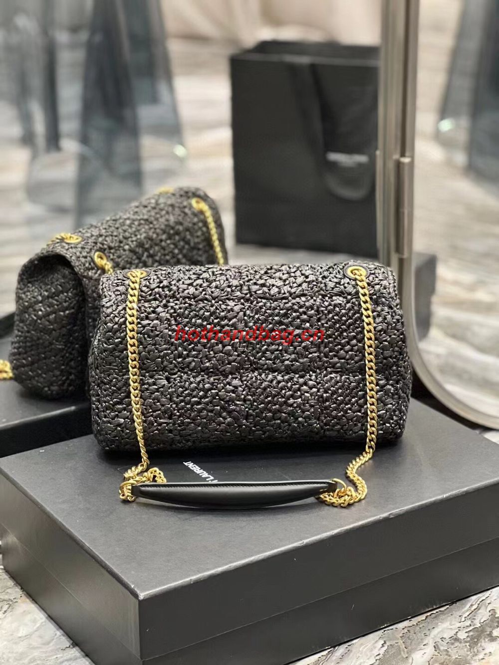 SAINT LAURENT JAMIE MEDIUM CHAIN BAG CARRE RIVE GAUCHE IN CROCHET RAFFIA AND SMOOTH LEATHER 515821 BLACK