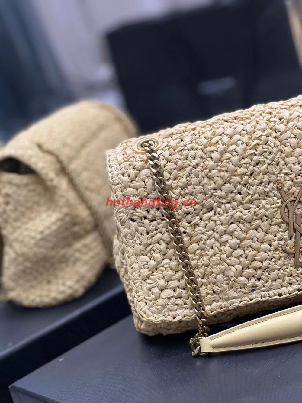 SAINT LAURENT JAMIE MEDIUM CHAIN BAG CARRE RIVE GAUCHE IN CROCHET RAFFIA AND SMOOTH LEATHER 515821 NATUREL