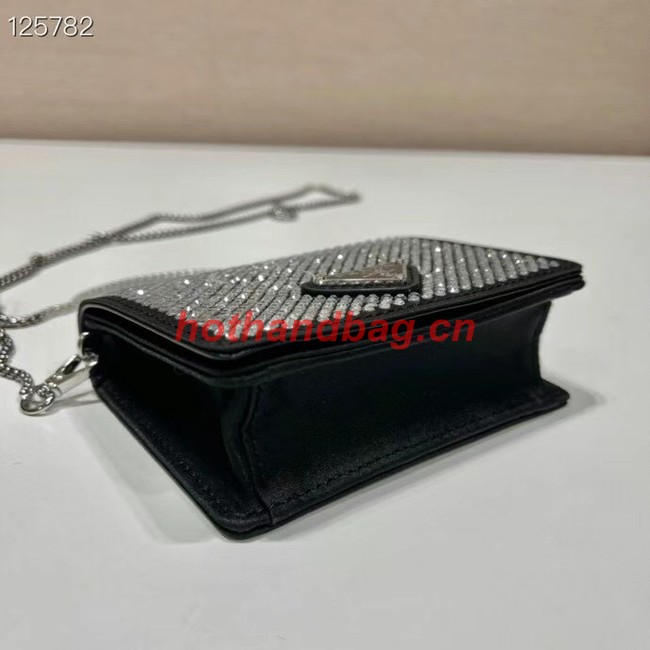 Prada Crystal-studded card holder with shoulder strap 1MR024 black&white