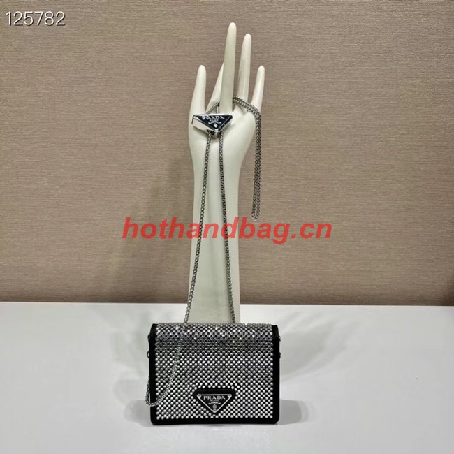 Prada Crystal-studded card holder with shoulder strap 1MR024 black&white