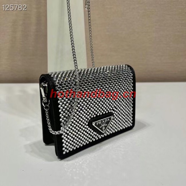 Prada Crystal-studded card holder with shoulder strap 1MR024 black&white