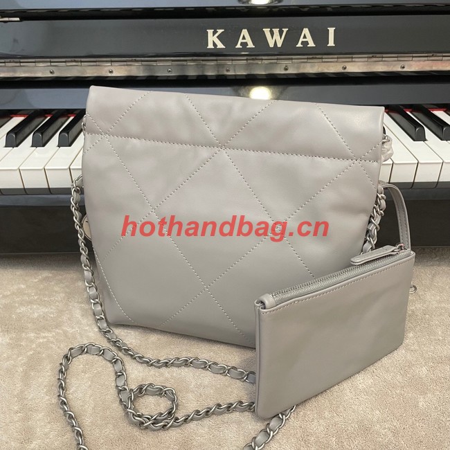 CHANEL MINI 22 HANDBAG Metallic Calfskin & Silver Metal AS3989 gray