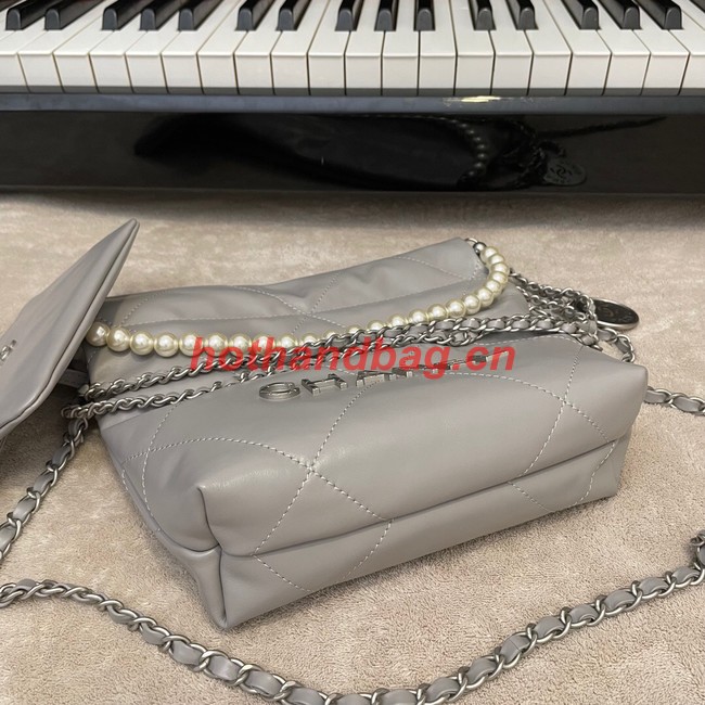 CHANEL MINI 22 HANDBAG Metallic Calfskin & Silver Metal AS3989 gray