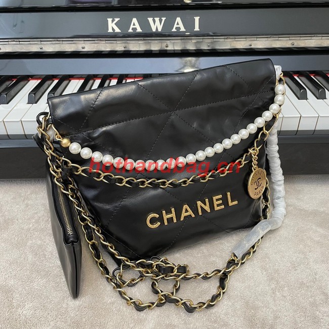 CHANEL MINI 22 HANDBAG Metallic Calfskin & gold Metal AS3989 black