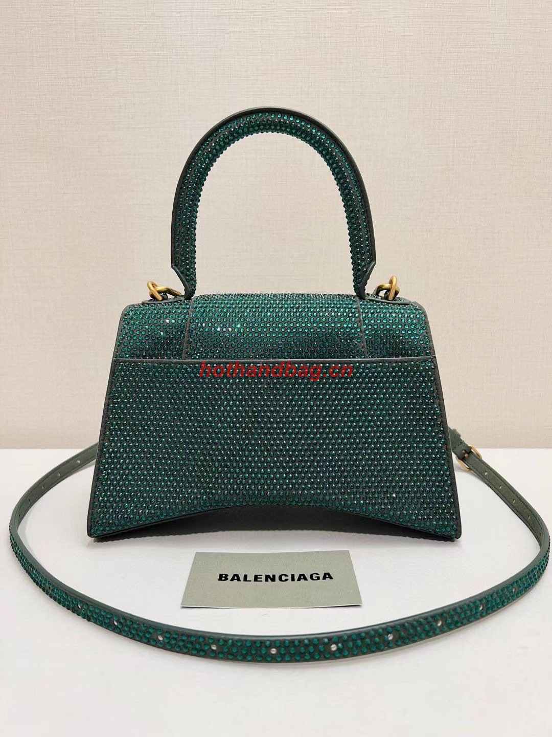 Balenciaga WOMENS HOURGLASS SMALL HANDBAG WITH RHINESTONES 592834 green