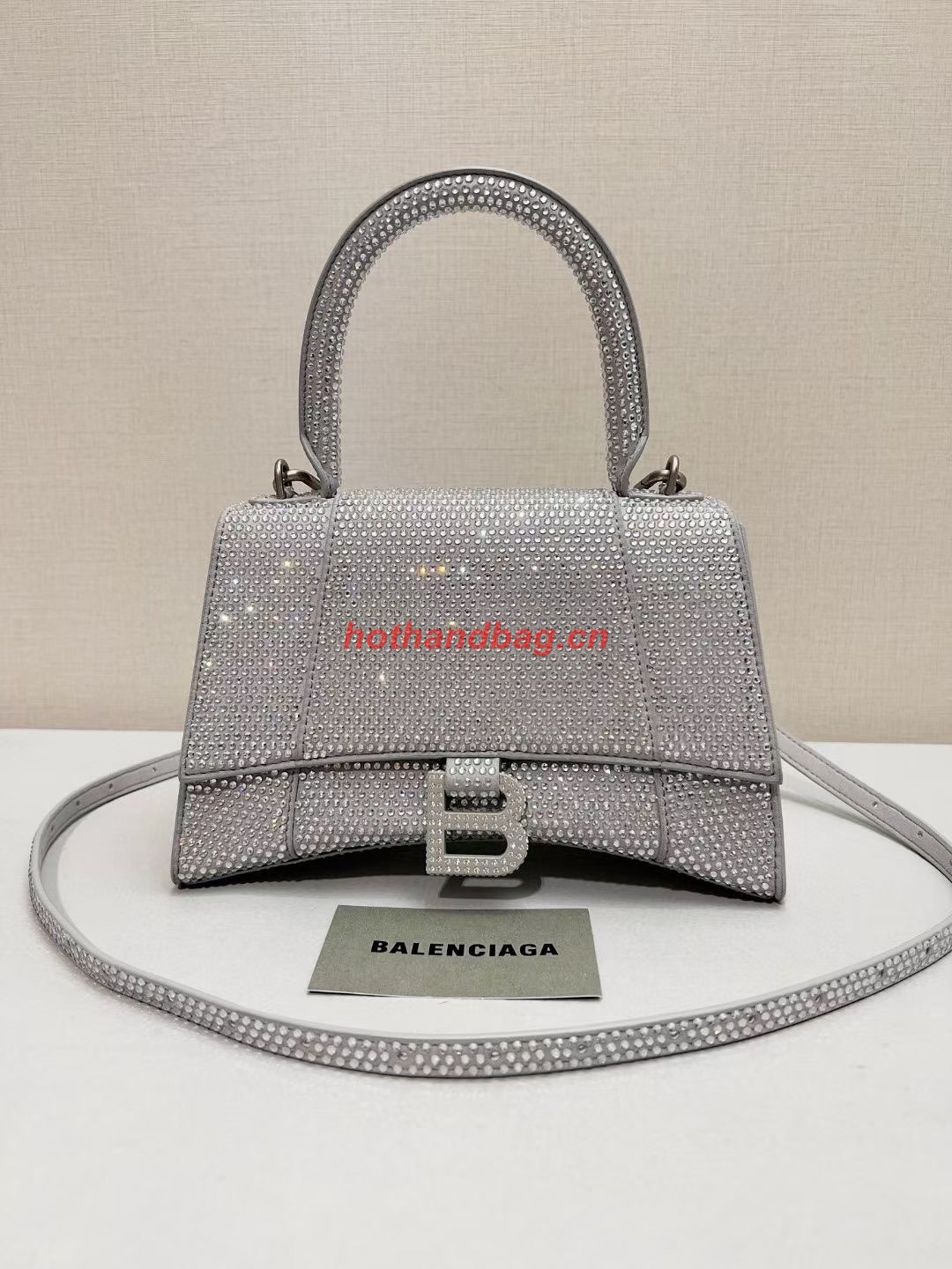 Balenciaga WOMENS HOURGLASS SMALL HANDBAG WITH RHINESTONES 592834 silver