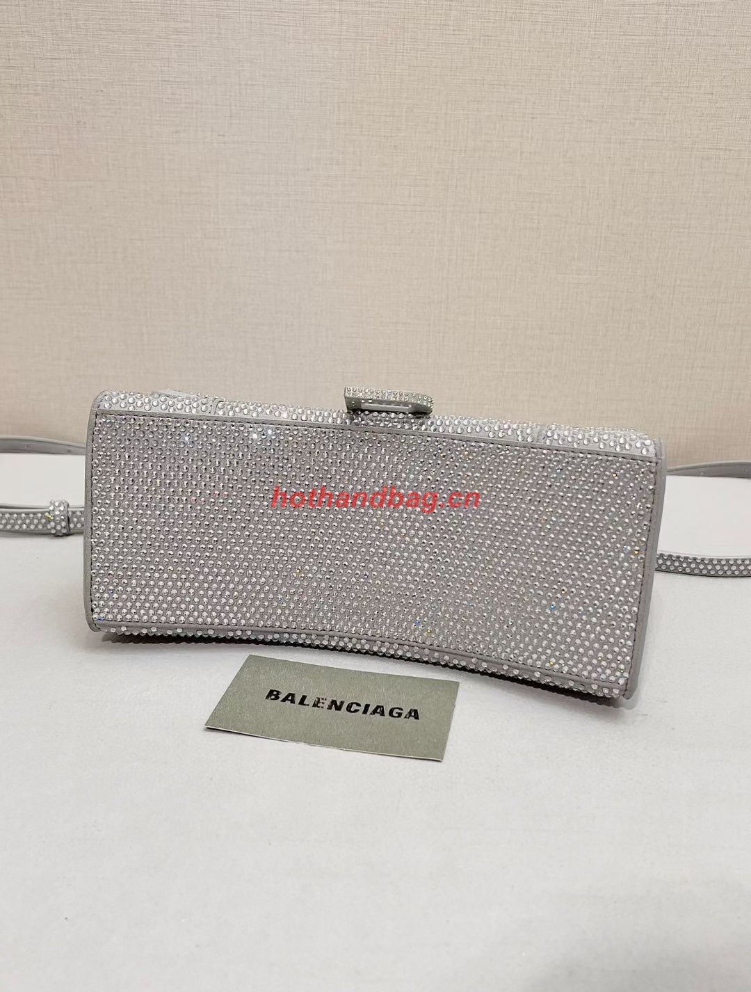 Balenciaga WOMENS HOURGLASS SMALL HANDBAG WITH RHINESTONES 592834 silver