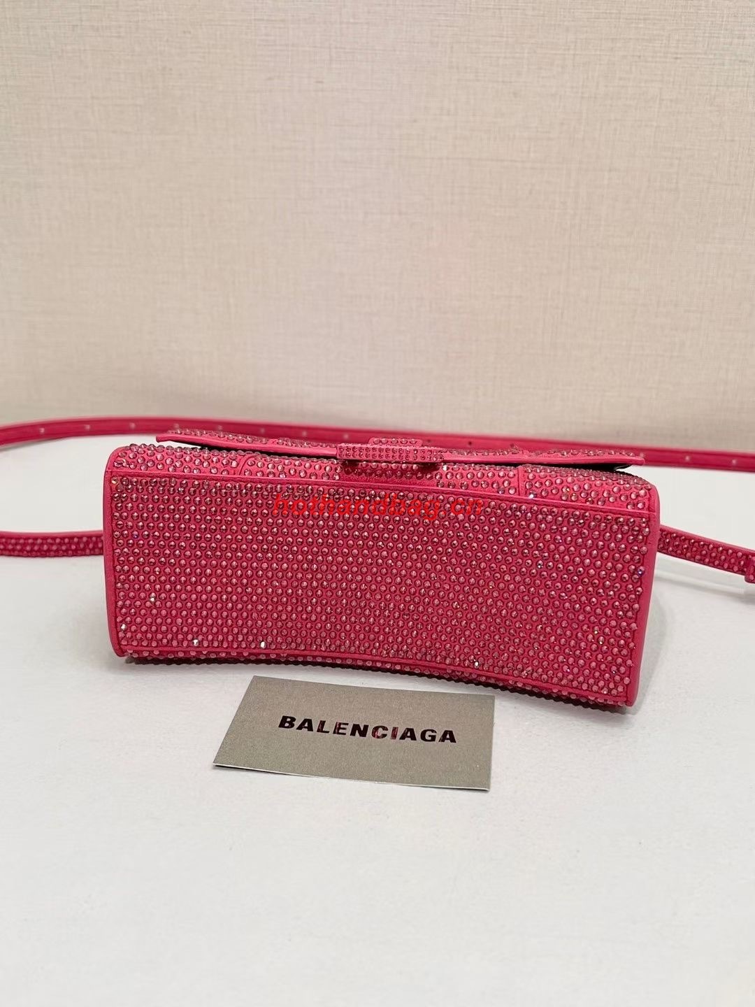 Balenciaga WOMENS HOURGLASS XS HANDBAG WITH RHINESTONES 283328 IN PINK