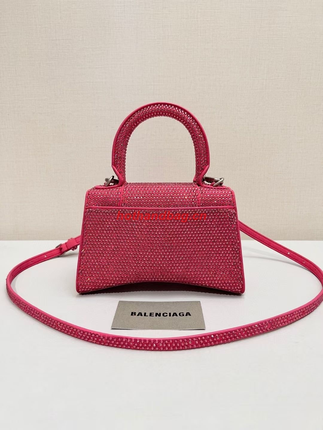 Balenciaga WOMENS HOURGLASS XS HANDBAG WITH RHINESTONES 283328 IN PINK