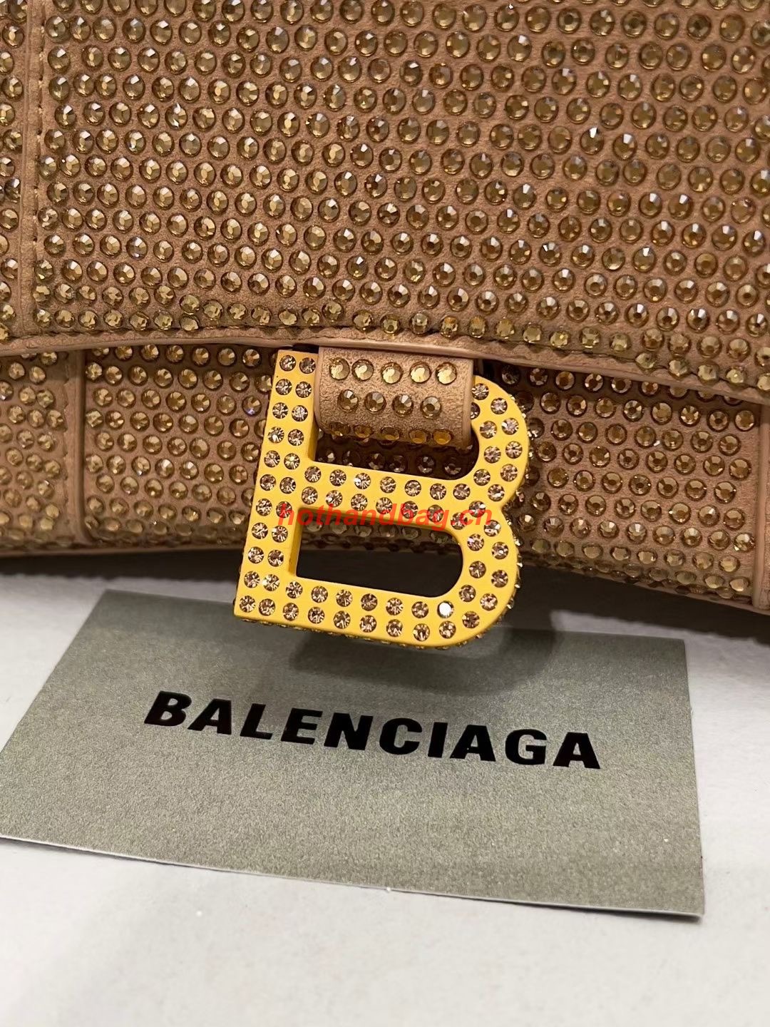 Balenciaga WOMENS HOURGLASS XS HANDBAG WITH RHINESTONES 283328 IN gold