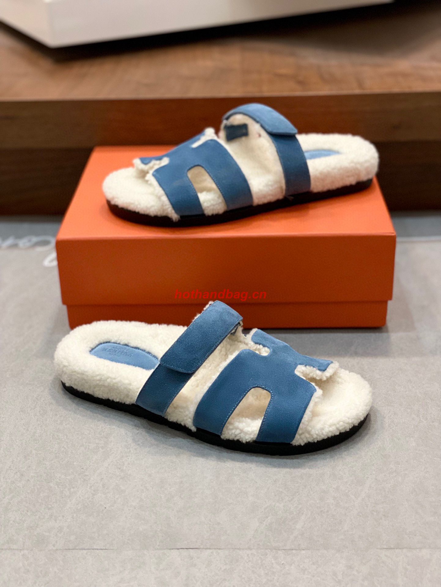 Hermes Shoes  2022 Teddy Bear Blue Pinede Chypre sandals HM63920