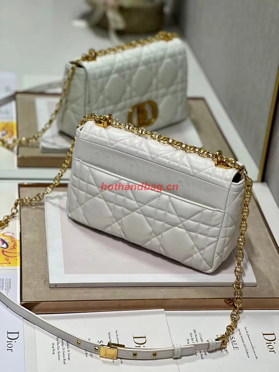 MEDIUM DIOR CARO BAG Supple Cannage Calfskin M9242U white&gold