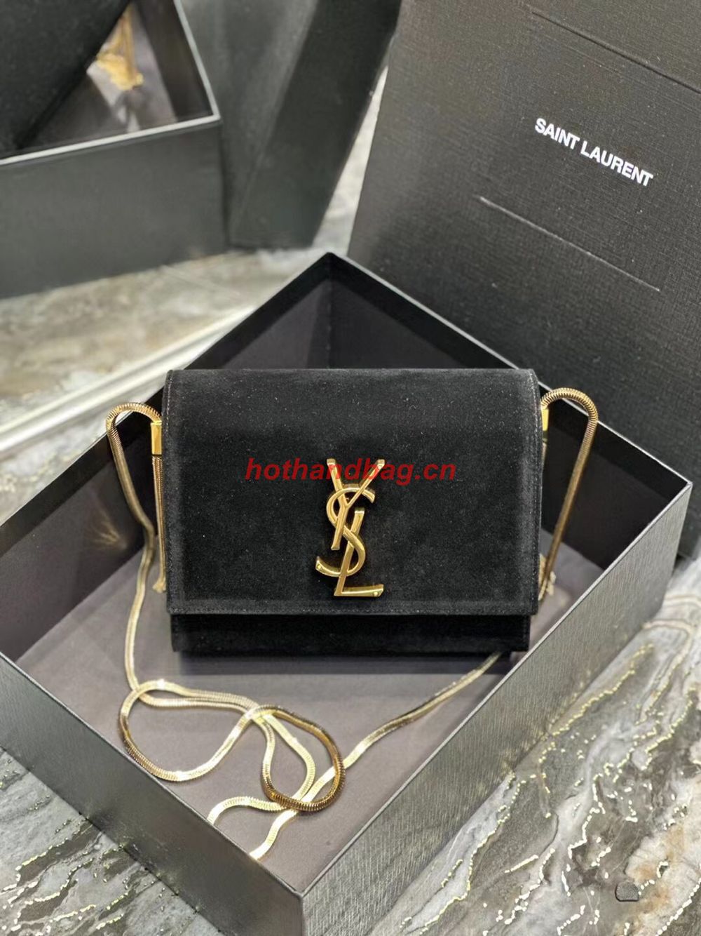 SAINT LAUREN KATE MINI SUPPLE/REVERSIBLE CHAIN BAG IN SUEDE AND LEATHER Y791122 BLACK
