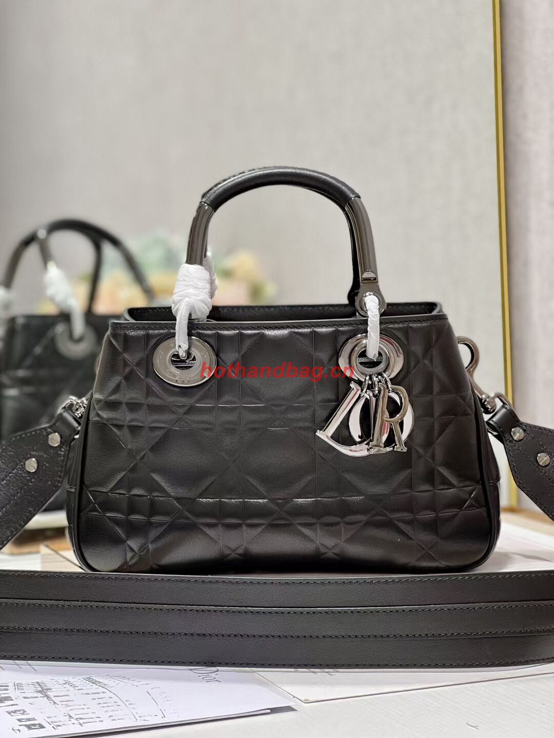 LADY DIOR TOP HANDLE MEDIUM BAG Cannage Lambskin C9227 BLACK&BLACK