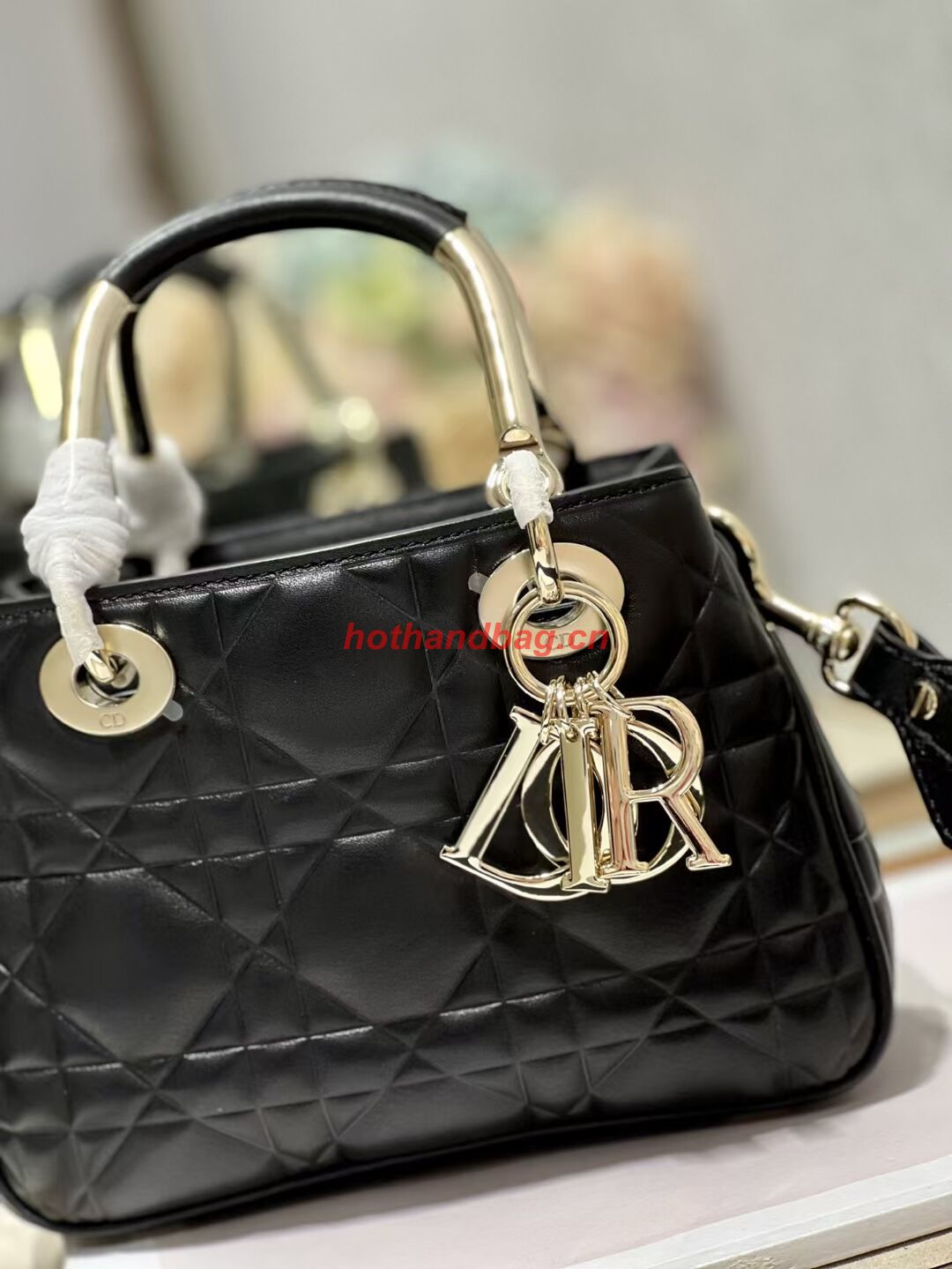 LADY DIOR TOP HANDLE SMALL BAG Cannage Lambskin C9228 BLACK&GOLD