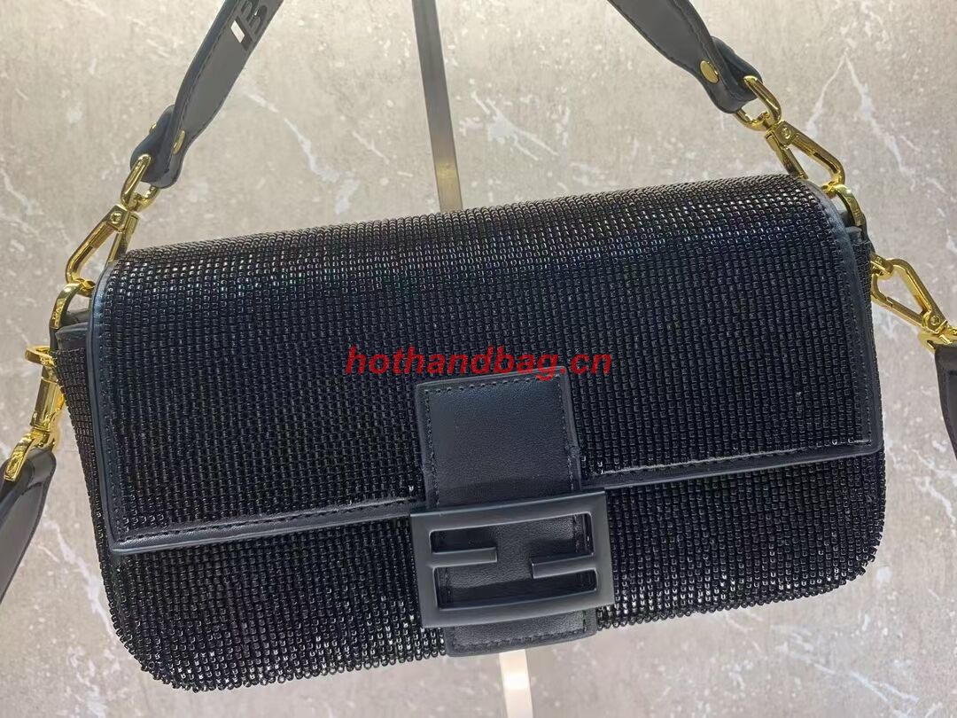 Fendi Baguette crystals and leather bag F0961 black