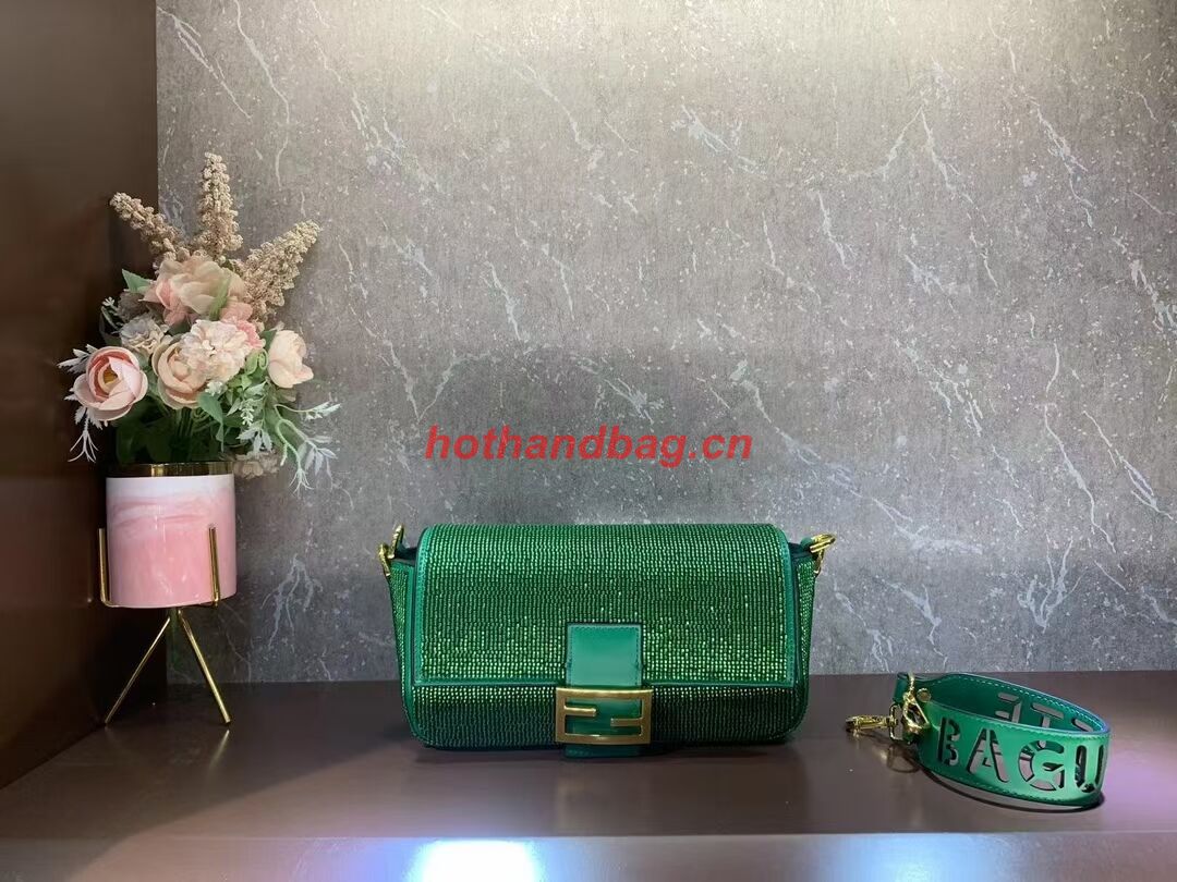 Fendi Baguette crystals and leather bag F0961 green