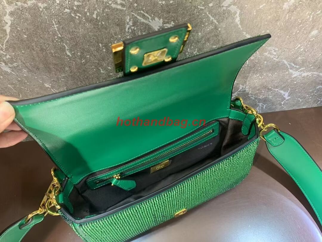 Fendi Baguette crystals and leather bag F0961 green