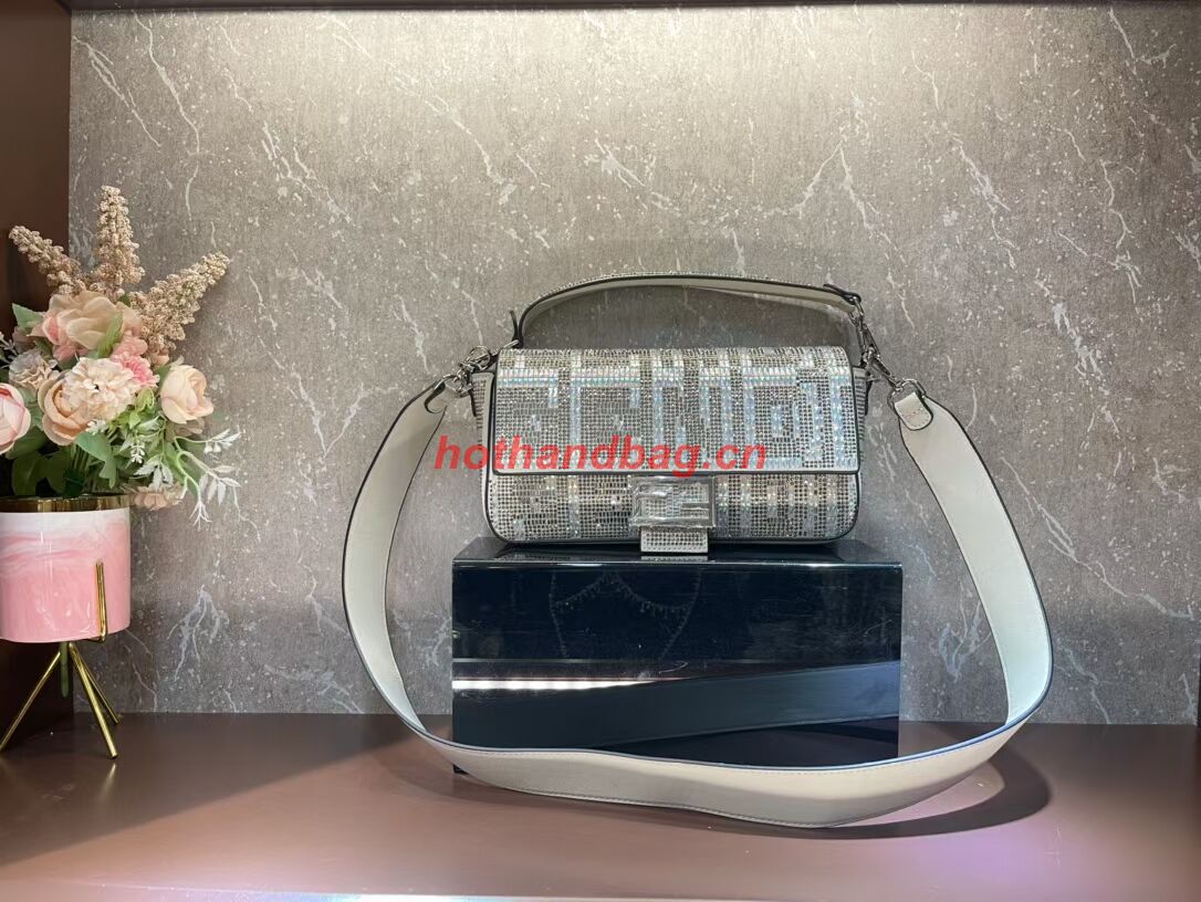 Fendi Baguette crystals and leather bag F0961 silvery