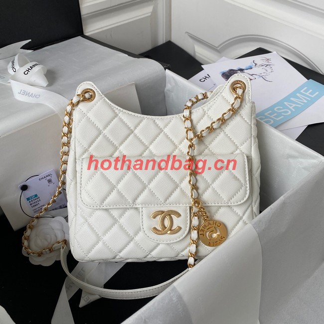 Chanel HOBO HANDBAG Grained Shiny Calfskin & Gold-Tone Metal AS3690 WHITE