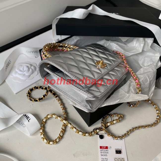 Chanel MINI FLAP BAG CLUTCH WITH CHAIN Gold-Tone Metal AP3240 silver