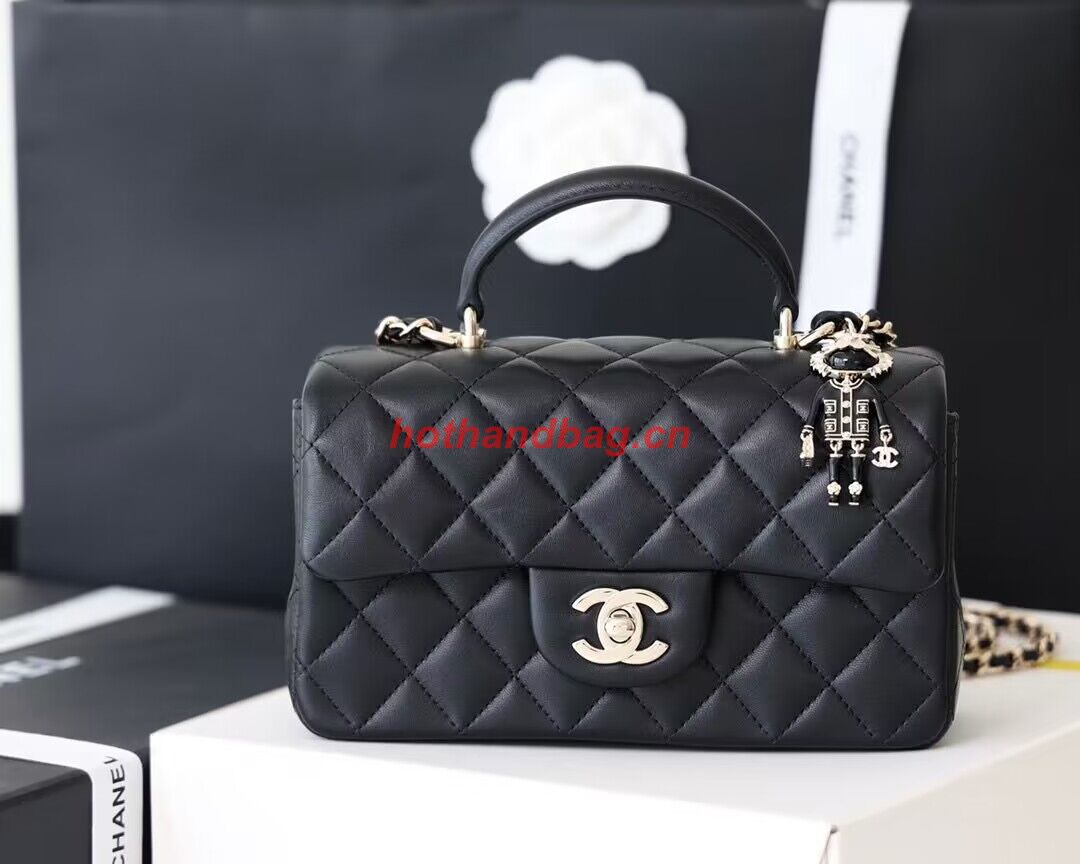 CHANEL mini flap bag with top handle AS2431 Black&Silver-Tone