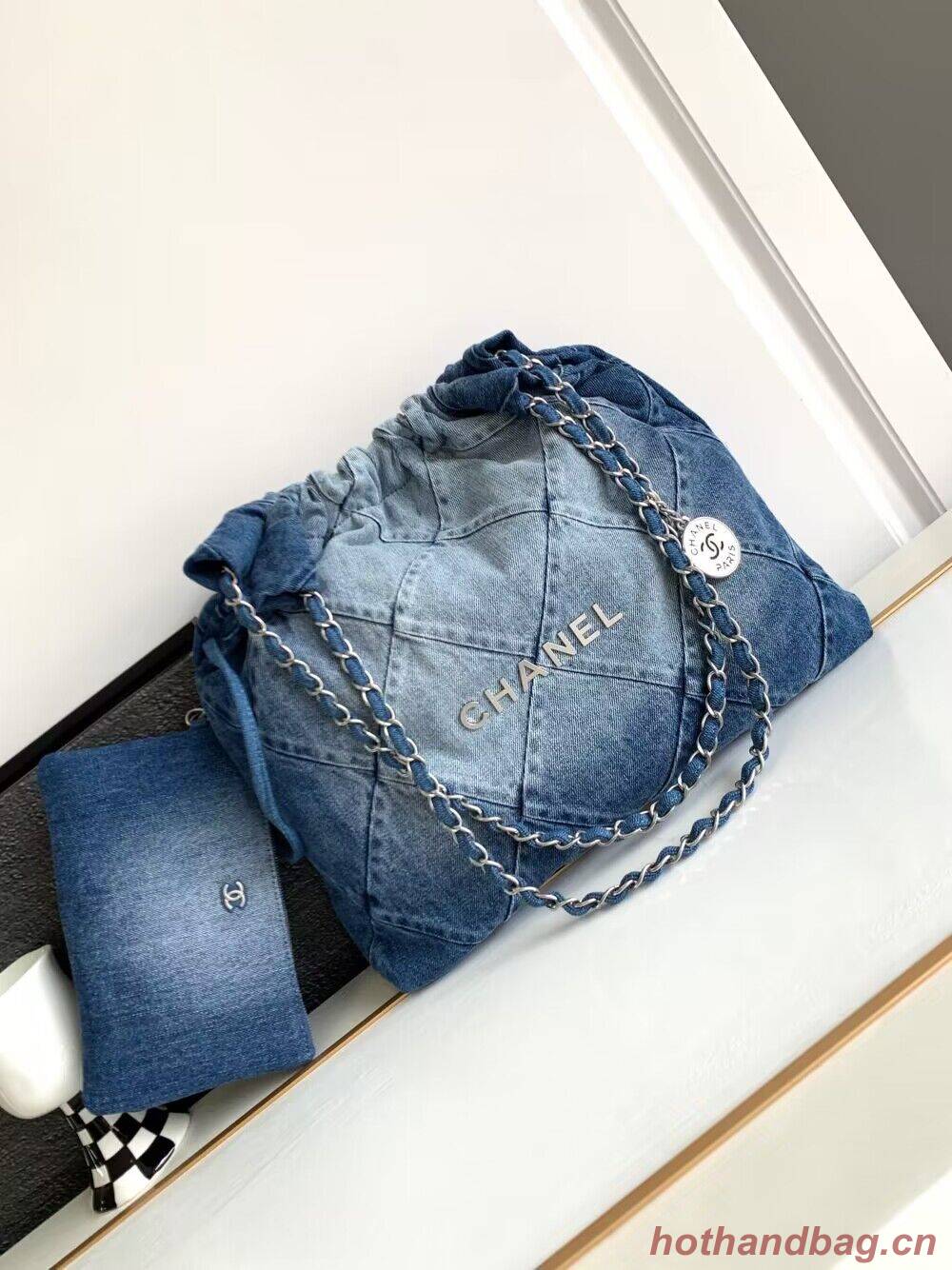 CHANEL 22 Shopping Bag Denim & Silver-Tone Metal AS3137 Blue