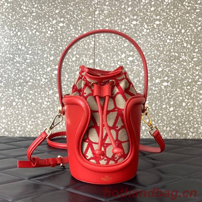 VALENTINO V-logo MINI LOCO sheepskin and fabric Bucket Bag I6ZN red