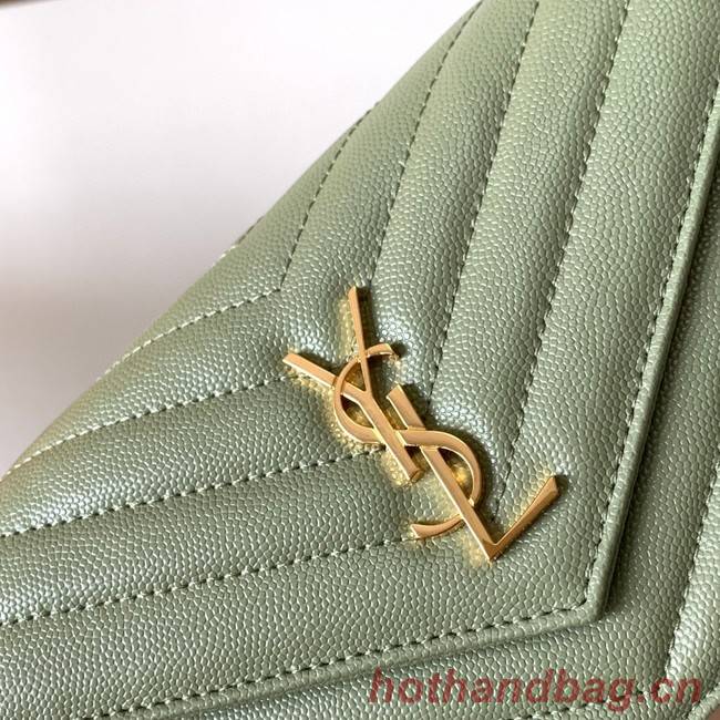 SAINT LAURENT CASSANDRE MATELASSE ENVELOPE CHAIN WALLET IN GRAIN DE POUDRE EMBOSSED LEATHER 393953 GREEN