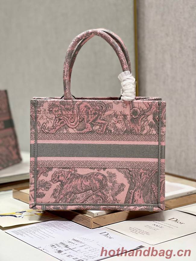 SMALL DIOR BOOK TOTE Gray and Pink Toile de Jouy Reverse Embroidery M1296ZRG