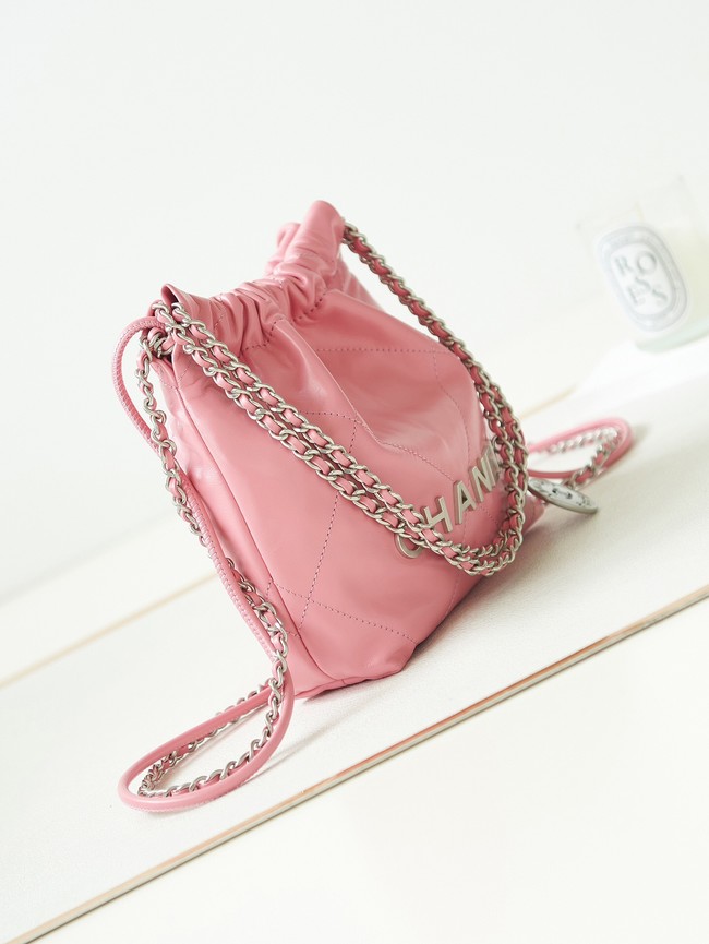 CHANEL 22 MINI HANDBAG Shiny Calfskin & silver-Tone Metal AS3980 PINK