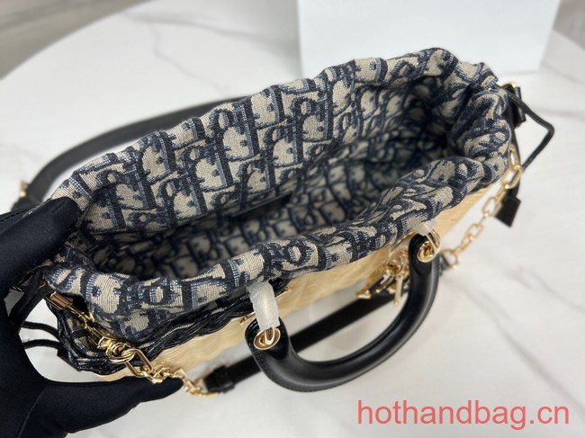 MEDIUM LADY D-JOY BAG Natural Wicker and Blue Dior Oblique Jacquard M0540O