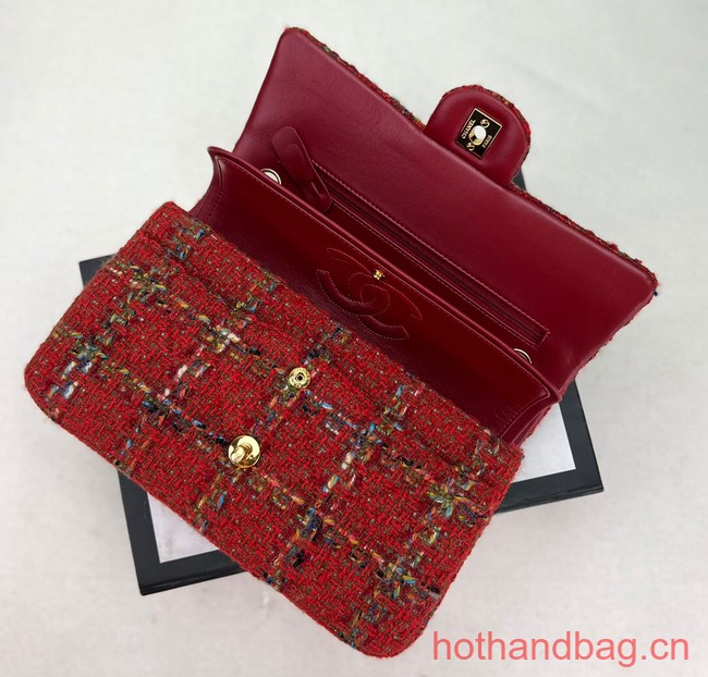 Chanel CLASSIC HANDBAG Wool Tweed A1112 red