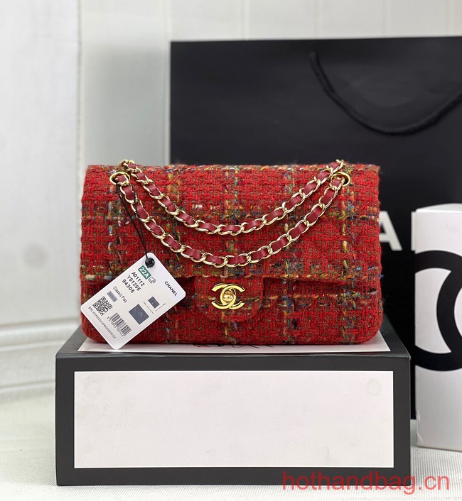 Chanel CLASSIC HANDBAG Wool Tweed A1112 red