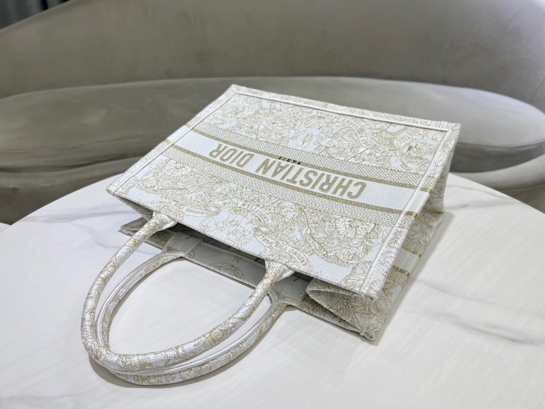 MEDIUM DIOR BOOK TOTE Gold-Tone and White Butterfly Around The World Embroidery M1296ZE