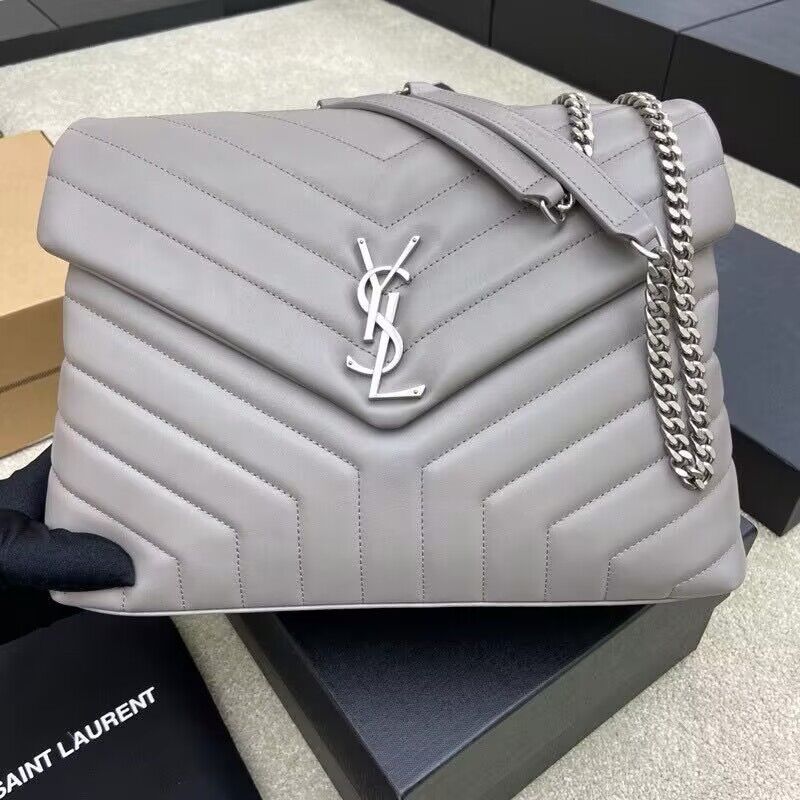 SAINT LAURENT Loulou Monogram Large quilted leather shoulder bag 392288 Light Gray Sliver-Tone