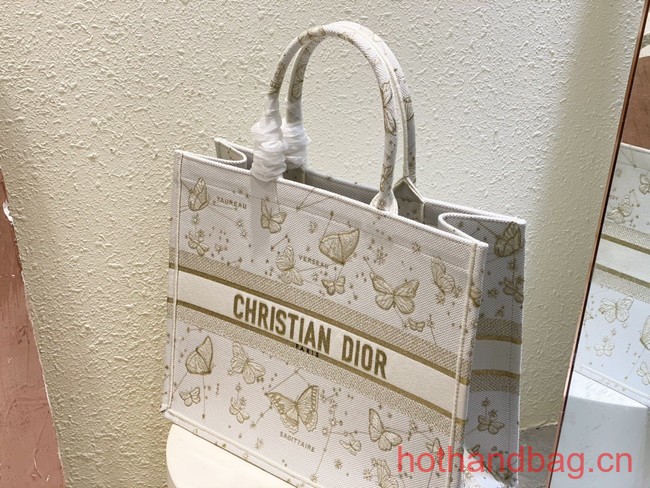 LARGE DIOR BOOK TOTE Gold-Tone and White Butterfly Zodiac Embroidery M1286ZT