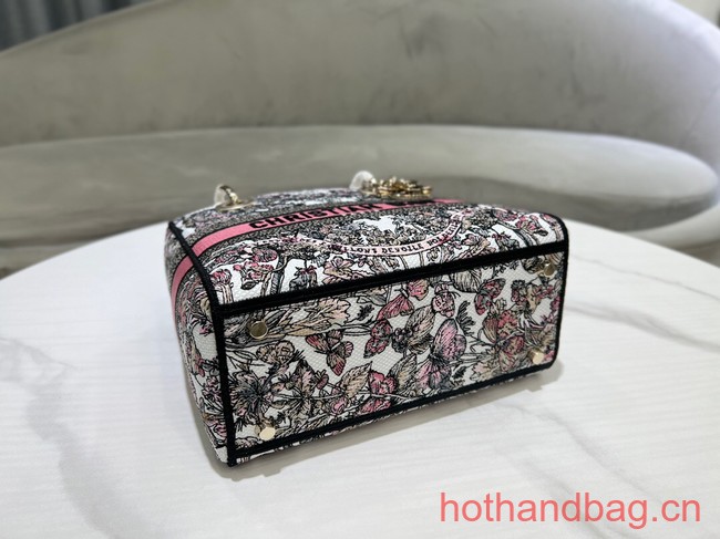 MEDIUM LADY D-LITE BAG White and Pastel Pink Butterfly Around The World Embroidery M0565O