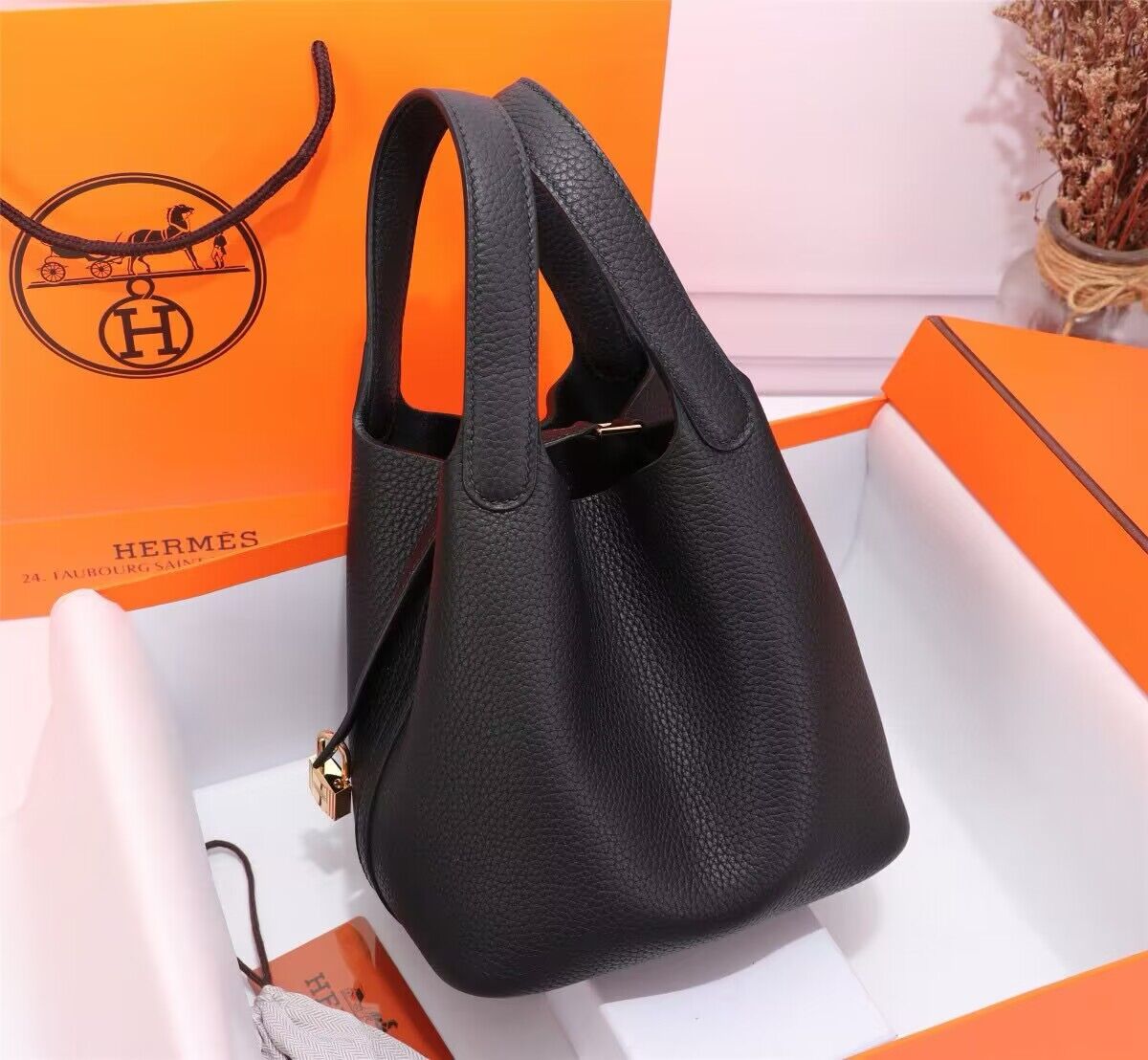 Hermes Picotin Lock Bags Original togo Leather PL3388 Black Gold-Tone