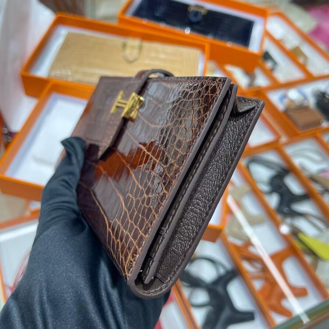 Hermes 100% genuine crocodile leather kelly Wallet 33569 Dark Brown