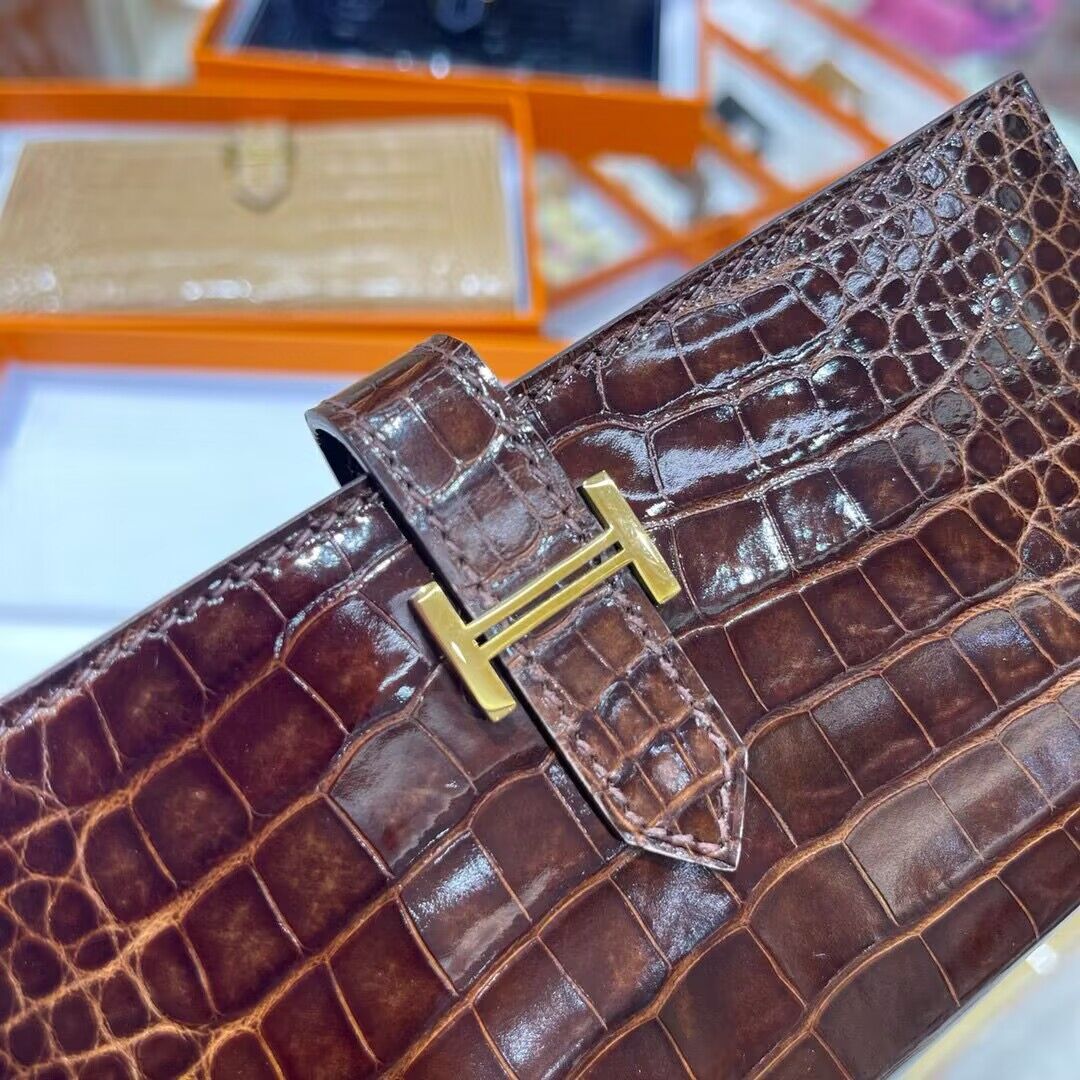 Hermes 100% genuine crocodile leather kelly Wallet 33569 Dark Brown