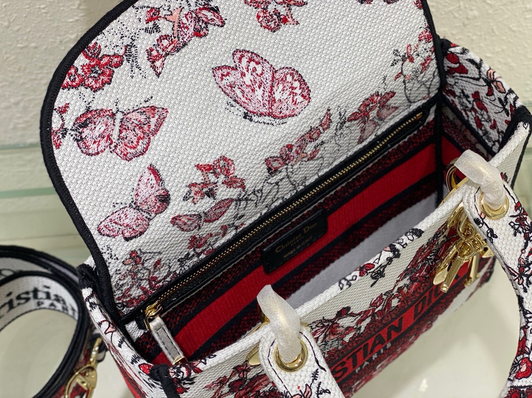 Dior Medium Lady D-Lite Bag White and Red Le Coeur des Papillons Embroidery M0565OEBJ