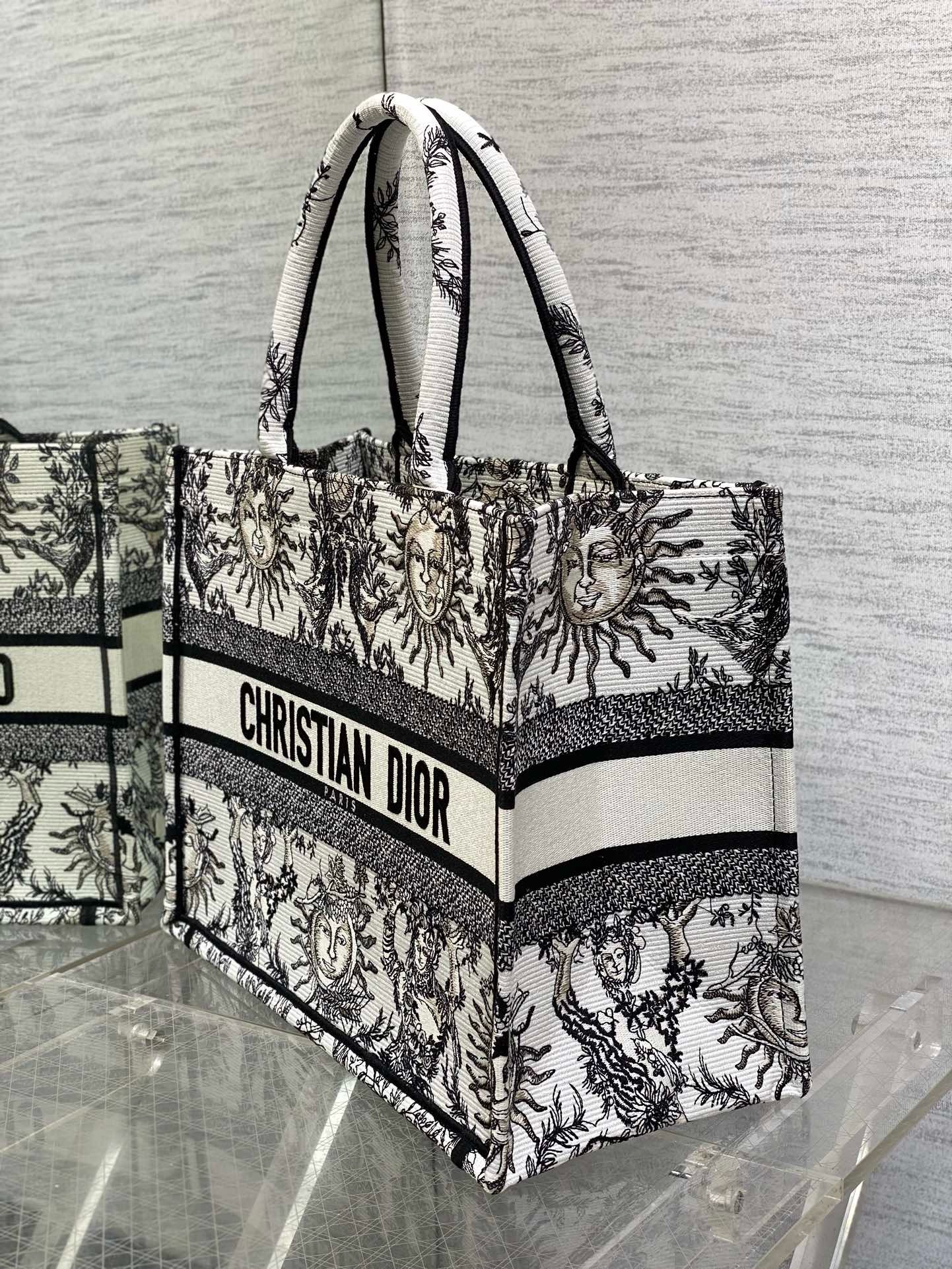 Medium Dior Book Tote White and Black Toile de Jouy Soleil Embroidery M1296ZECQ